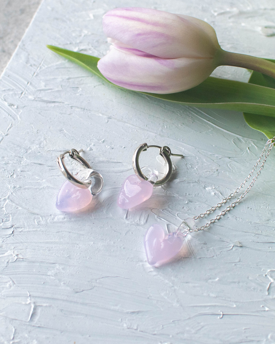 Tiny Heart Earrings Silver x Sakura